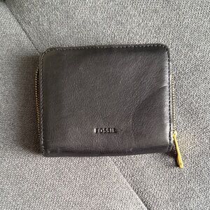 Fossil Black Leather Wallet with Gold Zipper